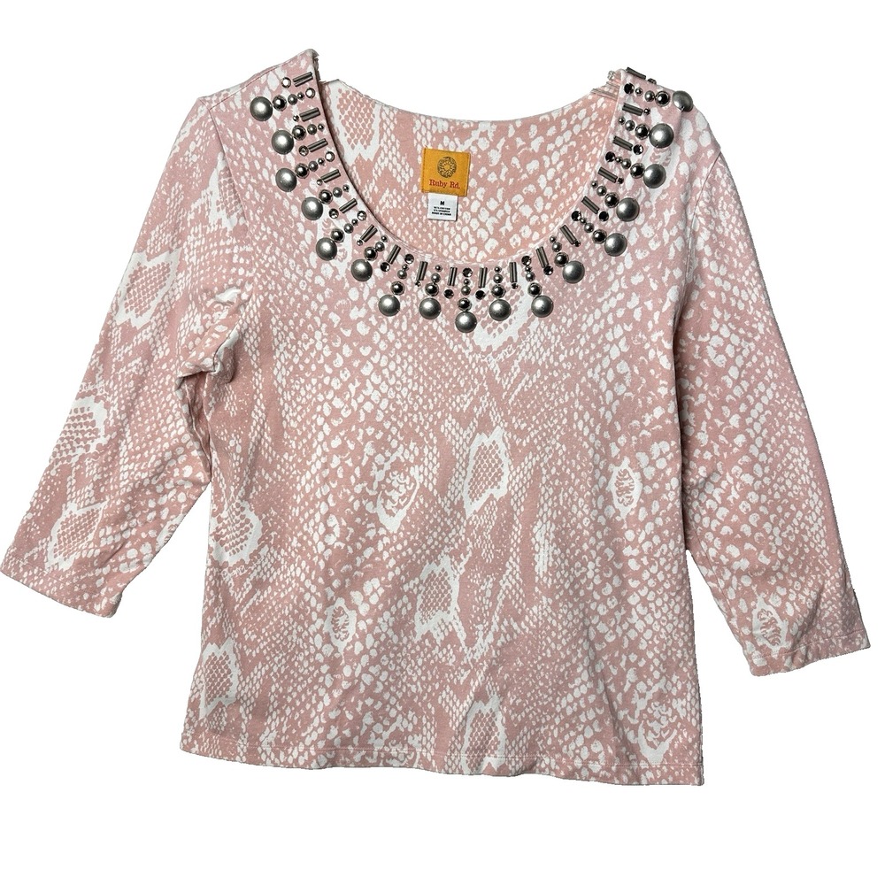 Ruby Rd Womens Top Size M Pink White Snake Print Embellished Glam 34 Sleeve